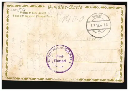 AK Schwarzer Franzose (Senegal-N****), Feldpost 8.7.17 BS Fussartillerie-Reg. 26