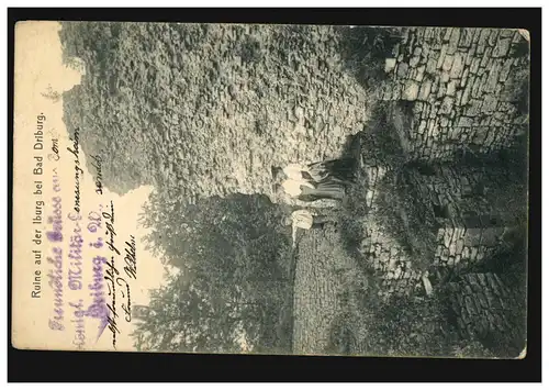AK Ruine sur Iburg près de Bad Driburg, Feldpost DribURG 5.2.1910