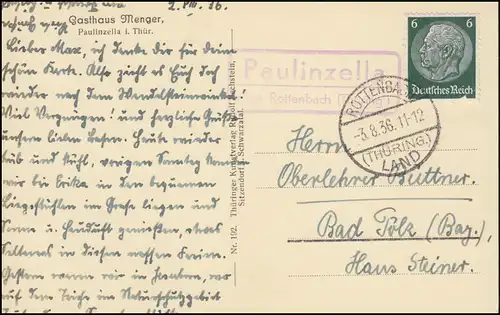 Landpost Paulinzella über ROTHENBACH (THÜRINGEN) 3.8.1936 auf passender AK