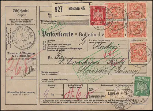 342 Korbdeckel mit 344+345 Flugpostmarken auf Paketkarte MÜNCHEN 45 - 13.1.1926