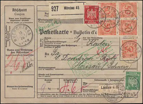 342 couvercles de panier avec 344+345 timbres d'avion sur carte de paquet MUNICH 45 - 13.1.1926