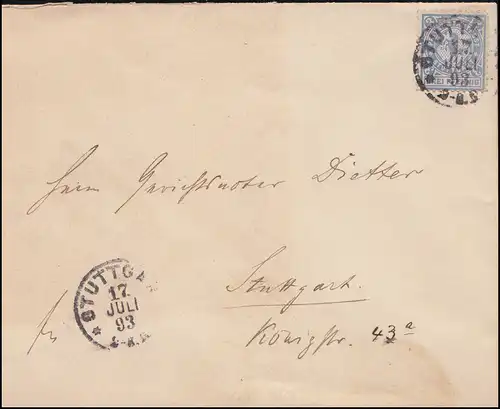 Poste privé Stuttgart 3 Cheval sautant 3 Pfennig EF Lettre STUTTGART 17.7.1893