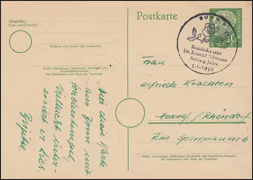 St 80e anniversaire du chancelier fédéral Dr. Konrad Adenauer 5.1.1956 sur carte postale