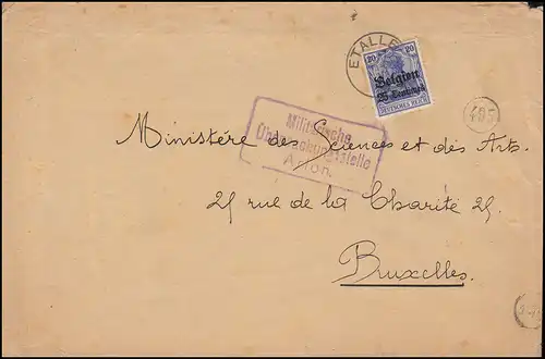 Zensur Arion Belgien 4 Germania mit Aufdruck Brief ETALLE nach Brüssel, um 1915