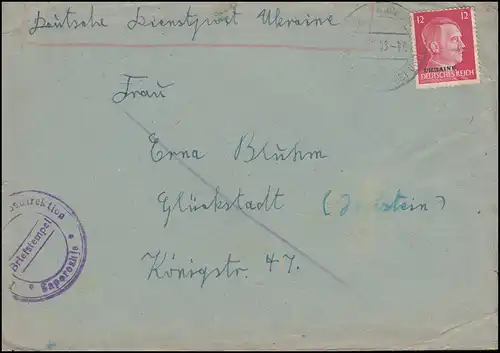 Deutsche Dienstpost Ukraine 8 Aufdruck 12 Pf Bf. SAPOROSHJE 1943 nach Glückstadt