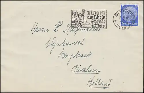 522 Hindenburg EF auf Brief Werbe-O BINGEN am Rhein Freude und Wein 13.2.36