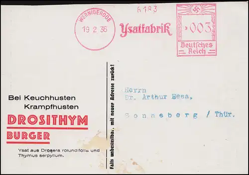 AFS Ysatfabrik Johannes Bürger Keuchhusten / Krampfhusten WERNIGERODE 19.2.1936