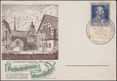 964a Stephan Schmuck-Postkarte 60 Jahre Philatelistenstadt SSt GÖSSNITZ 14.9.47