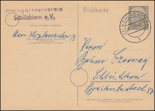 Postkarte P 18 Kleingartenverein SCHLÜCHTERN 28.3.62 als Ortspostkarte