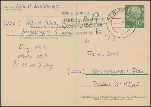 Carte postale P 31 avec cachet publicitaire Musée des ferrures et des serrures VELBERT 8.4.1957