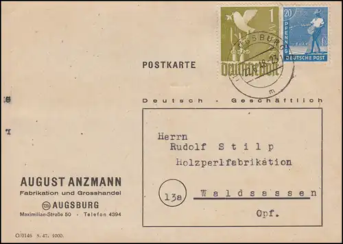 Währungsreform Zehnfachfrankatur 937+950 MiF auf Postkarte AUGSBURG 22.6.1948