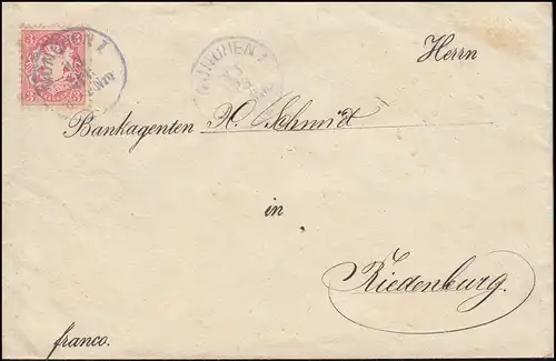 Bayern 10 Pf Wappen auf Brief MÜNCHEN 13.4. an Bankagenten Schmidt in Riedenburg