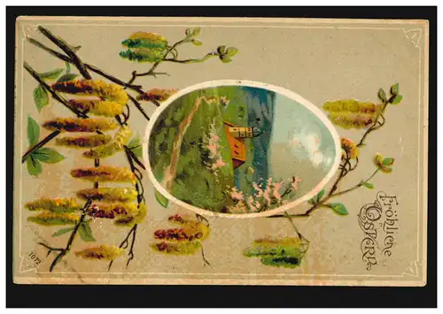 Prägekarte Ostern Kirche in Berglandschaft mit Weidenkätzchen, KIEL 6.4.1917