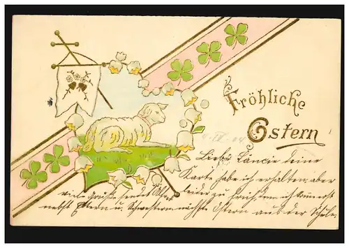 Prägekarte Ostern Osterlamm und Glücksklee, MILDENAU 2.4.1904 nach MÜNCHEN 5.4.