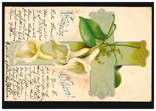 Prägekarte Ostern Kreuz mit Blumen, MÜNSTER 29.3.1903 nach GELSENKIRCHEN 29.3.03