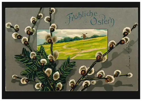 Carte de Pâques paysage avec moulin à vent et chaton de pâturage, couru 30.3.07