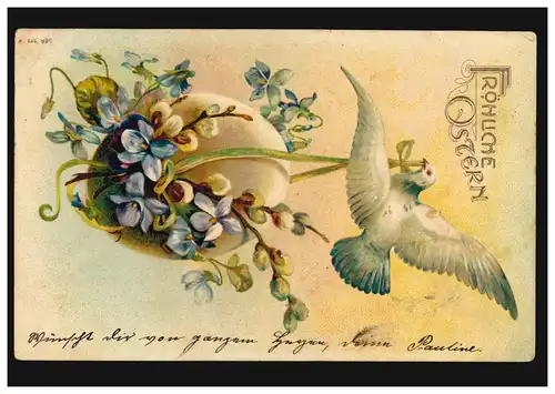 Carte de Pâques pigeonneuse avec œuf de pâque et chaton de pâture, gobelet 12.4.1906