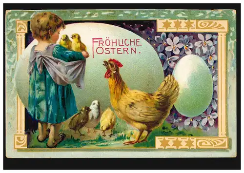 Prägekarte Ostern Kind mit Henne, Küken und Ostereier, DRANGSTEDT 1907
