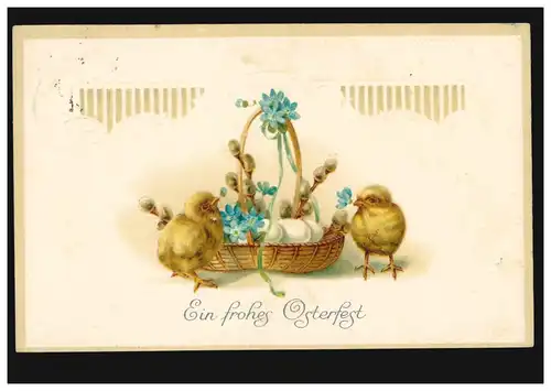 Carte de Pâques poussin et panier d'œufs, GUMMBINEN 22.3.1913