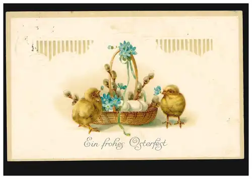 Prägekarte Ostern Küken und Korb mit Eiern, GUMMBINNEN 22.3.1913