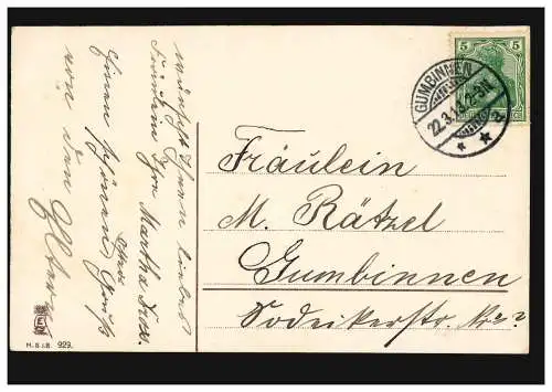 Carte de Pâques poussin et panier d'œufs, GUMMBINEN 22.3.1913