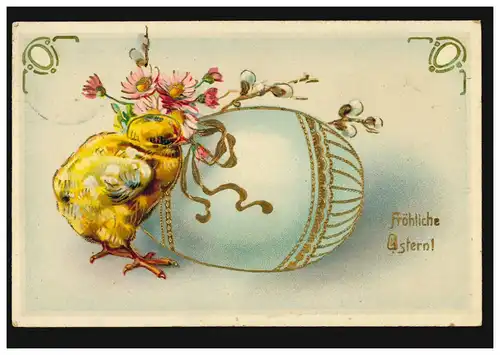 Prägekarte Ostern Küken mit Osterei und Blumen, HERVEST-DORSTEN 11.4.1914