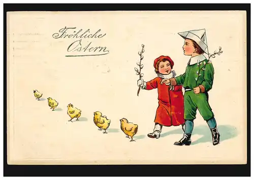 Prägekarte Ostern Kinder mit Weidenkätzchen und Küken, HAMBURG 8.4.1917