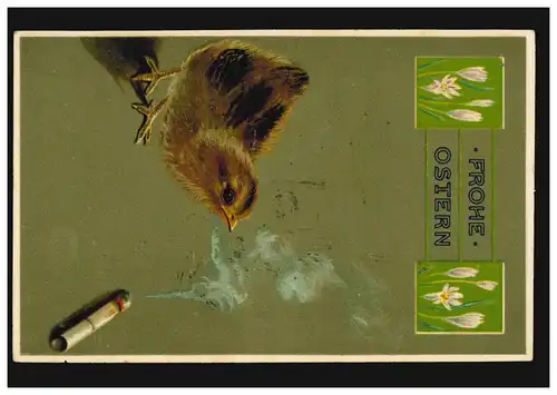 Prägekarte Ostern Küken mit brennender Zigarette, Bahnpoststempel 1917