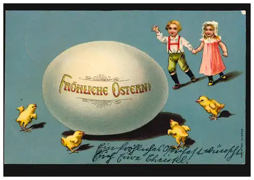 Carte de Pâques Enfants avec poussins et esseulerie géante, HAMM 22.4.1905