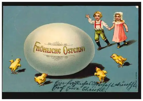 Prägekarte Ostern Kinder mit Küken und Riesenosterei, HAMM 22.4.1905