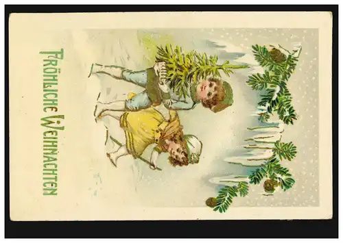 Prägekarte Weihnachten Mädchen und Junge mit Weinachtsbaum, WARDENBURG 27.12.16