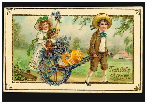 Carte de Pâques Les enfants avec des œufs de pâque sur les voitures, CREFELD 3.4.1915