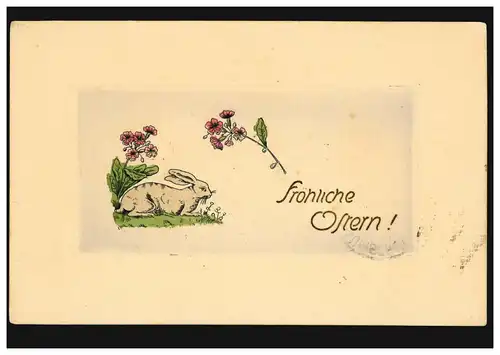 Prägekarte Ostern Hase mit Blumen, BAUMSCHULENWEG bei BERLIN um 1910