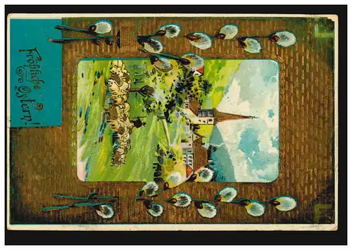 Prägekarte Ostern Landschaft Schafherde und Weidenkätzchen, KALDENKIRCHEN 1913