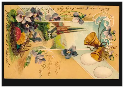 Ungarn Prägekarte Ostern Glocken Ostereier und Kirche, gelaufen 1906