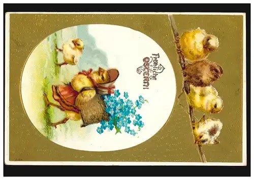 Carte de Pâques Poule avec panier et Küken, CREFELD 1907 par avance