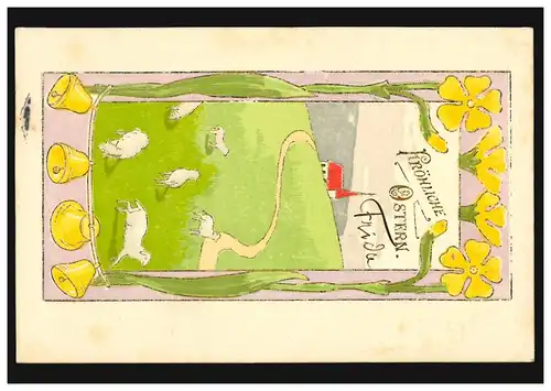 Prägekarte Ostern Landschaft mit Lämmer und Osterglocken, HASPE 13.4.1903