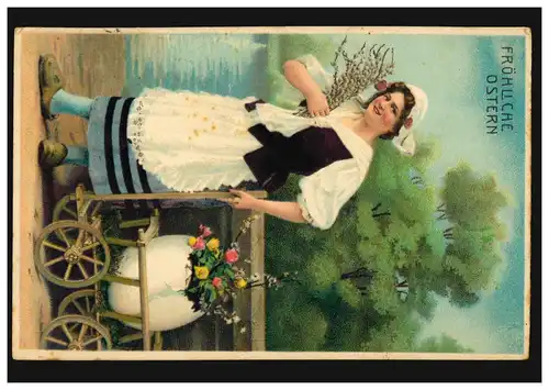 Carte de Pâques femme avec chaton de pâture et œuf de pâque dans le chariot, POTSDAM 6.4.1912