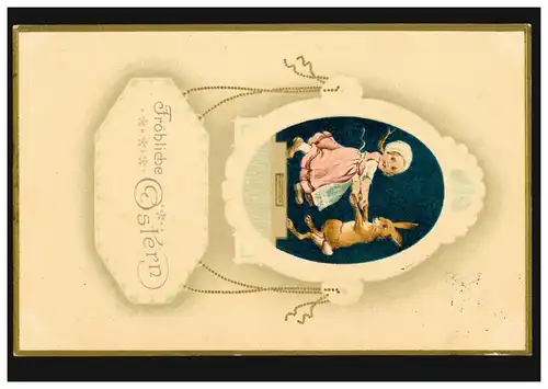 Prägekarte Ostern Tanzendes Mädchen mit Hasen, OSNABRÜCK 10.4.1914