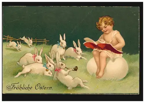 Prägekarte Ostern Lesendes Kind mit Hasen, OLDENBURG 15.4.1906