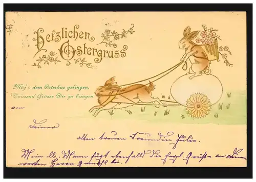 Carte de Pâques Lapins-coups avec l'œuf de pâque et le poème, Burghausen 1900