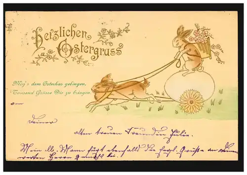 Prägekarte Ostern Hasen-Gespann mit Osterei und Gedicht, Burghausen 1900