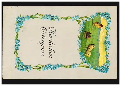 Carte de Pâques Quatre poussins dans la prairie avec bord de fleurs, DÜLKEN 23.3.18