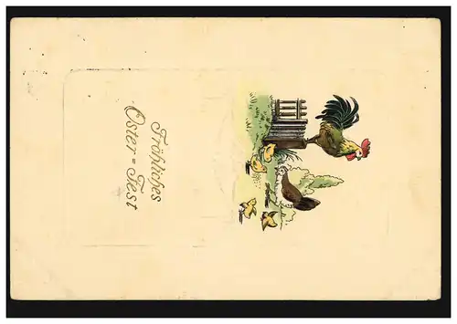 Carte de Pâques Hahn sur clôture avec poule et poussins, CREFELD 11.4.14 par avance