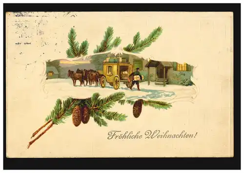 Prägekarte Weihnachten Postkutsche mit Paketträger, BARMEN 21.12.1911 