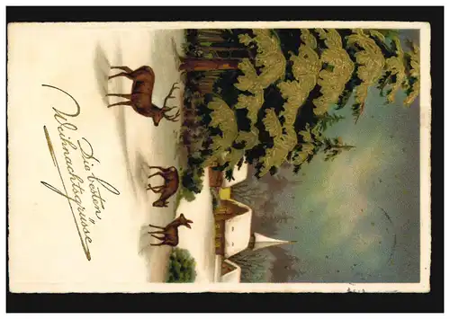 Prägekarte Weihnachten Rehe mit Hirsch in Winterlandschaft, RUHPOLDING 21.12.31