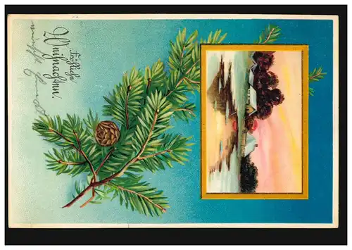 Prägekarte Weihnachten Winterlandschaft Tannenzweig, WIESDORF 1910