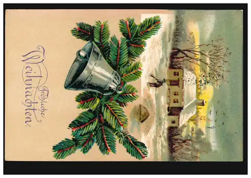 Carte de Noël paysage hivernal sapin avec cloche, BREMEN 25.12.09