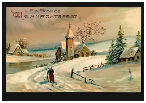 Prägekarte Weihnachten Winterlandschaft mit Kirche, WERMELSKIRCHEN 24.12.1913