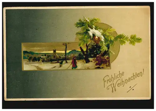 Prägekarte Weihnachten Winterlandschaft mit Tannenzapfen, um 1910 nach Berlin
